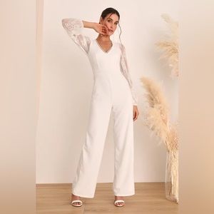 Lulus White Lace Long Sleeve Jumpsuit  - size small
